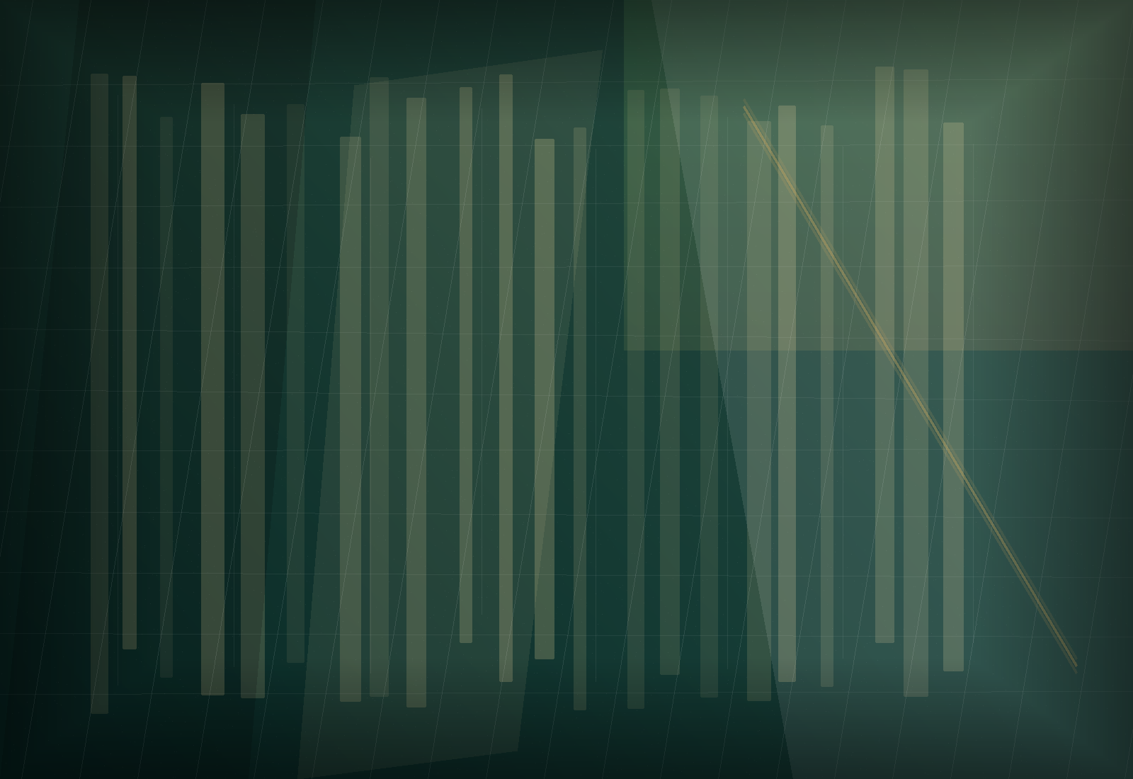 Abstract architectural facade in deep green and gold tones